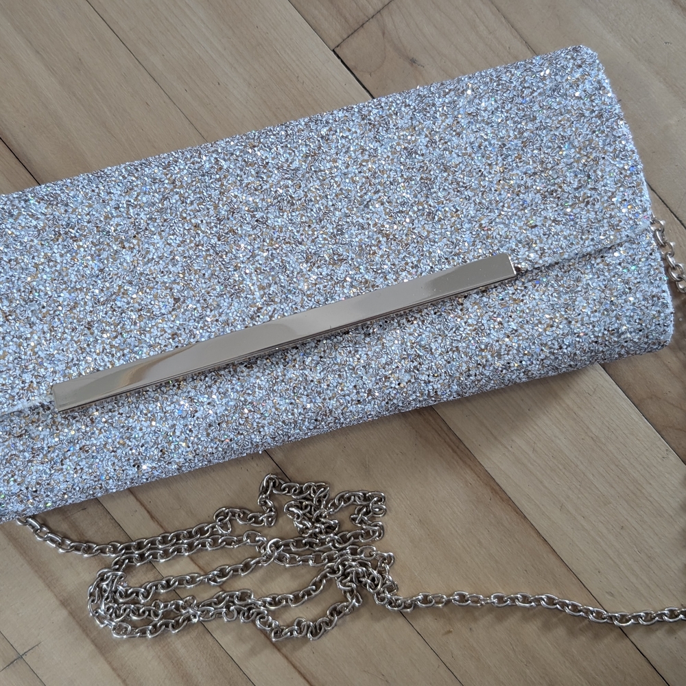 Aldo Silver Glitter Envelope Clutch with Chain Strap